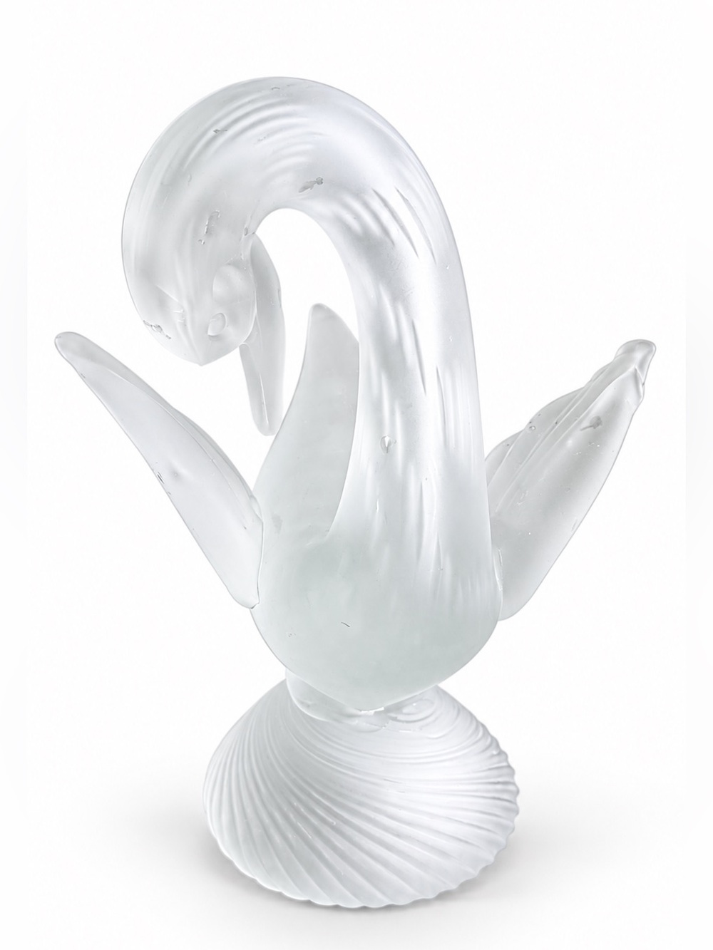 Vintage Frosted Art Glass Swan Figurine Raised Wings Shell Base 9”